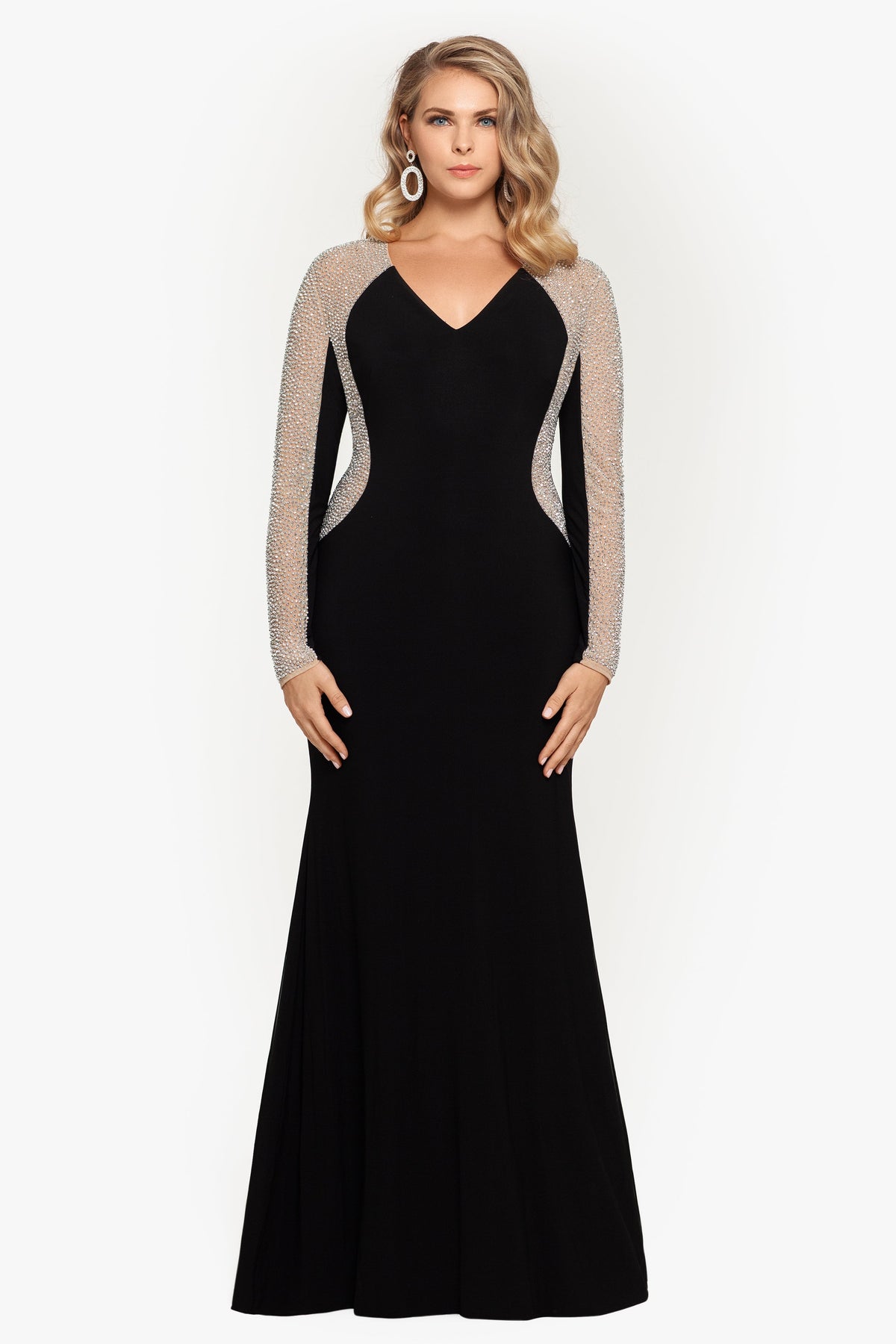 XSCAPE Plus "Wren" Jersey Knit Long Sleeve Crystal Beaded Dress