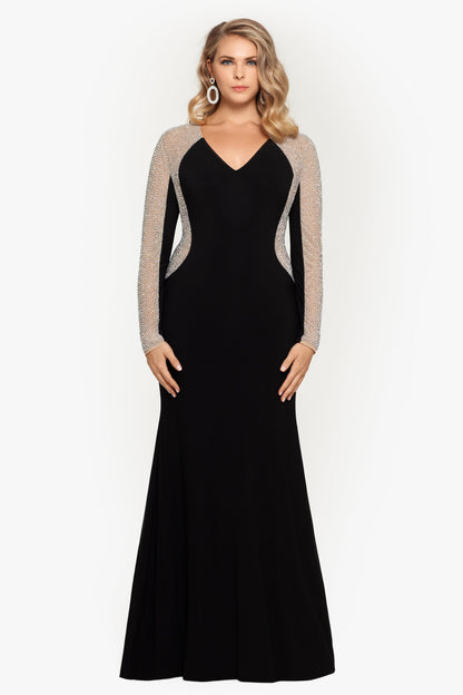 XSCAPE Plus "Wren" Jersey Knit Long Sleeve Crystal Beaded Dress