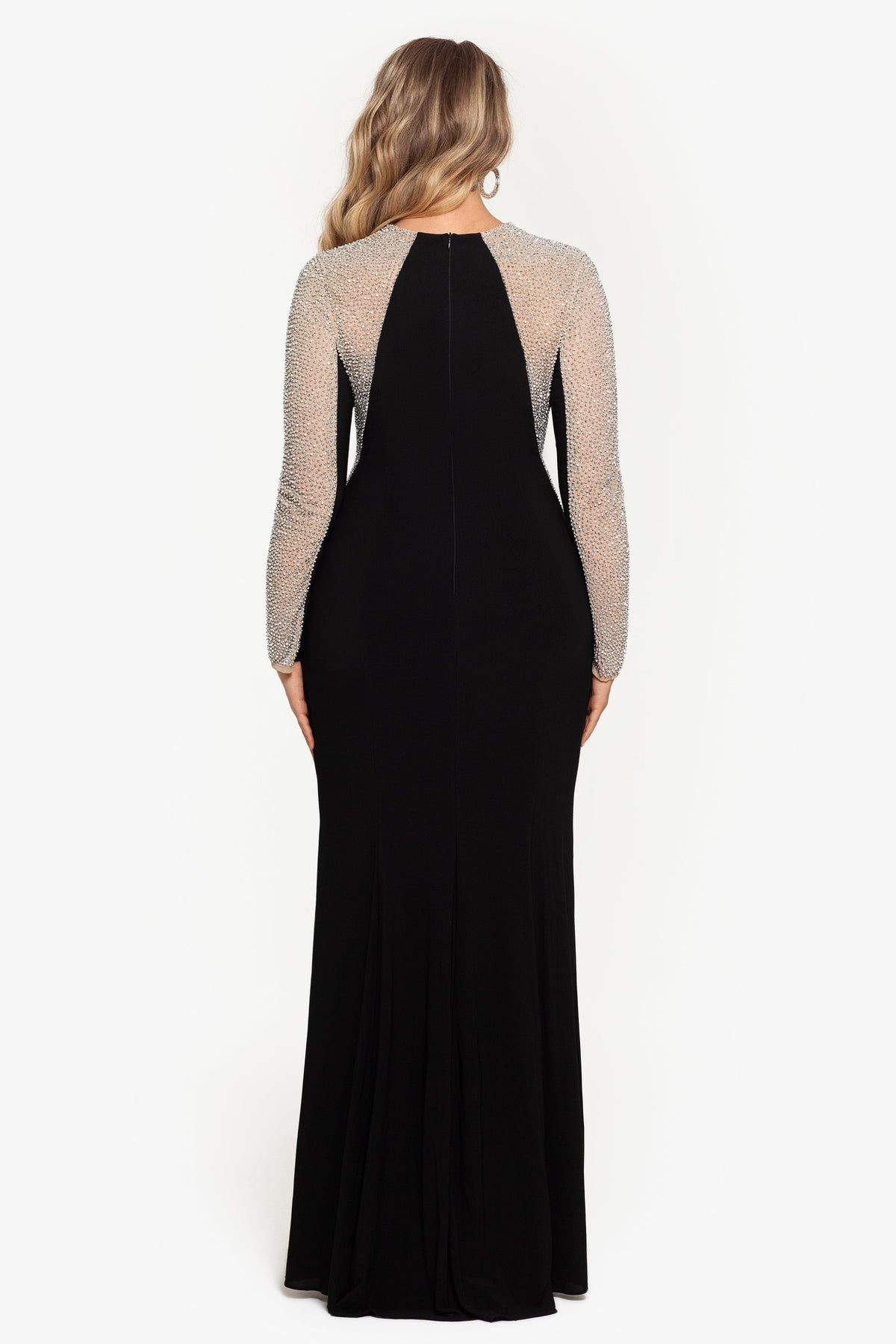 XSCAPE Plus "Wren" Jersey Knit Long Sleeve Crystal Beaded Dress