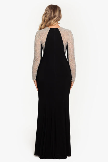 XSCAPE Plus "Wren" Jersey Knit Long Sleeve Crystal Beaded Dress
