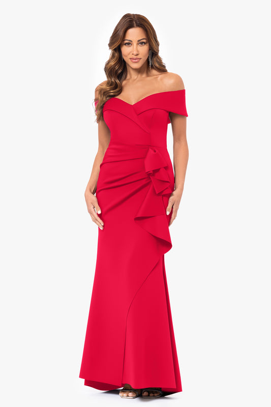 XSCAPE "Patti" Techno Scuba Off The Shoulder Dress
