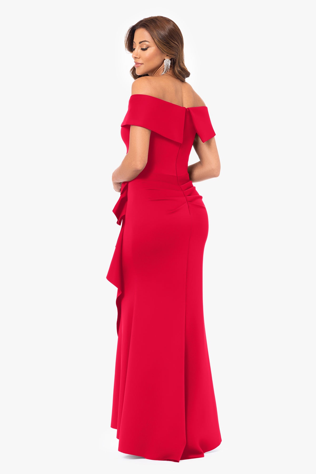 XSCAPE "Patti" Techno Scuba Off The Shoulder Dress