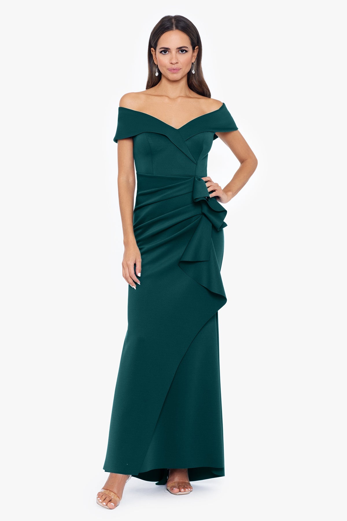 XSCAPE "Patti" Techno Scuba Off The Shoulder Dress