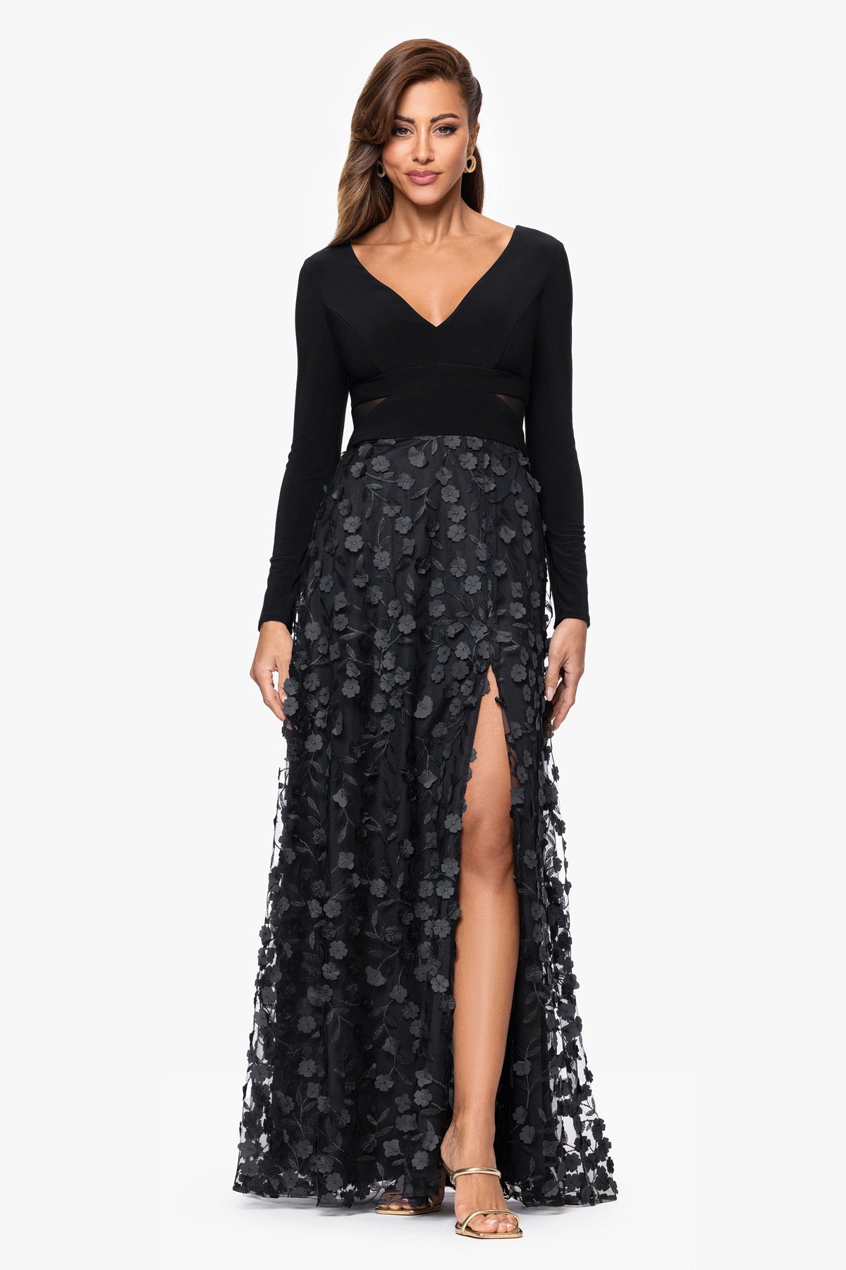 XSCAPE Petite "Aurora" V - Neck Long Sleeve Raised Flower Slit Dress