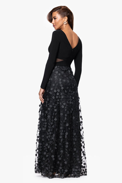 XSCAPE Petite "Aurora" V - Neck Long Sleeve Raised Flower Slit Dress