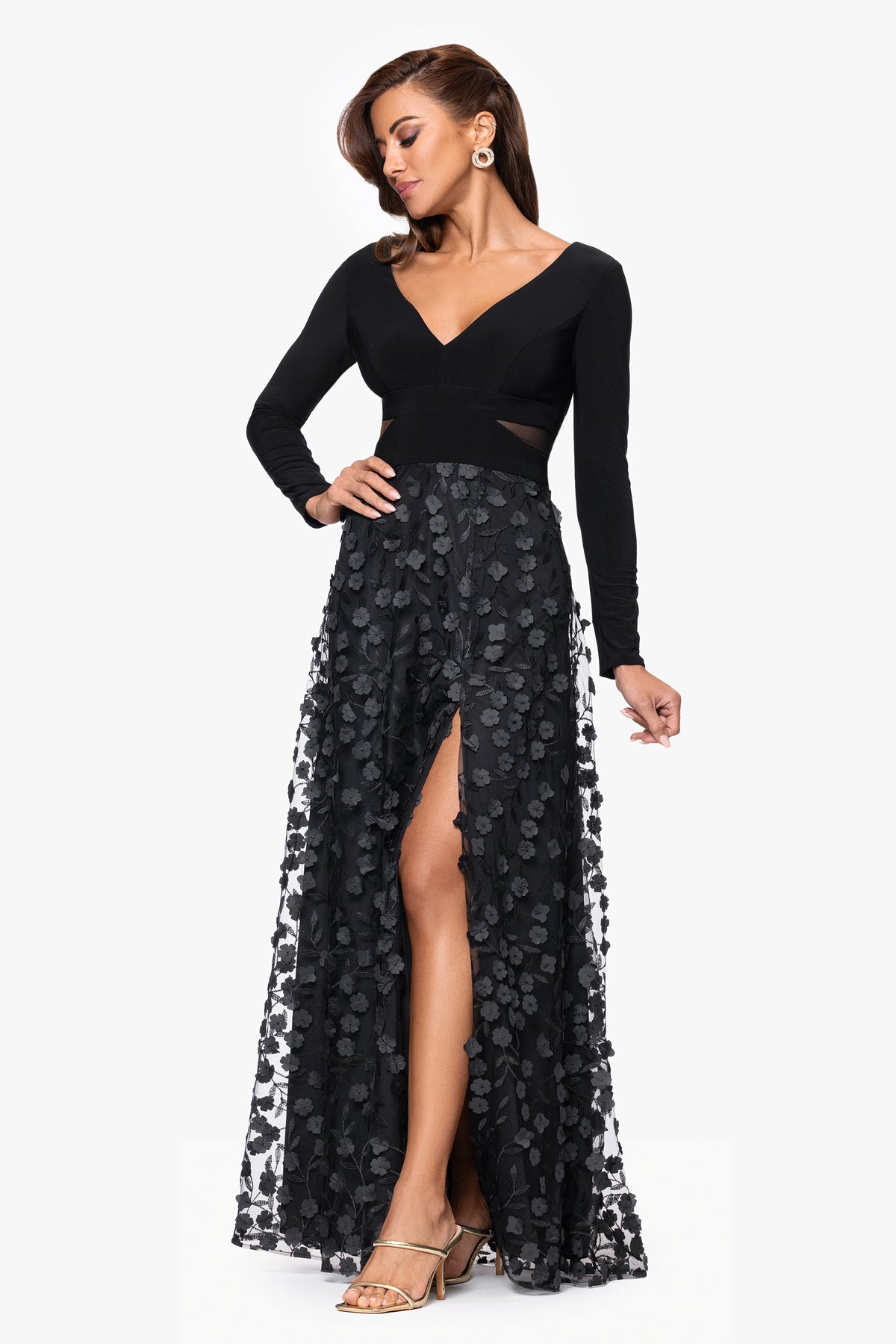 XSCAPE Petite "Aurora" V - Neck Long Sleeve Raised Flower Slit Dress