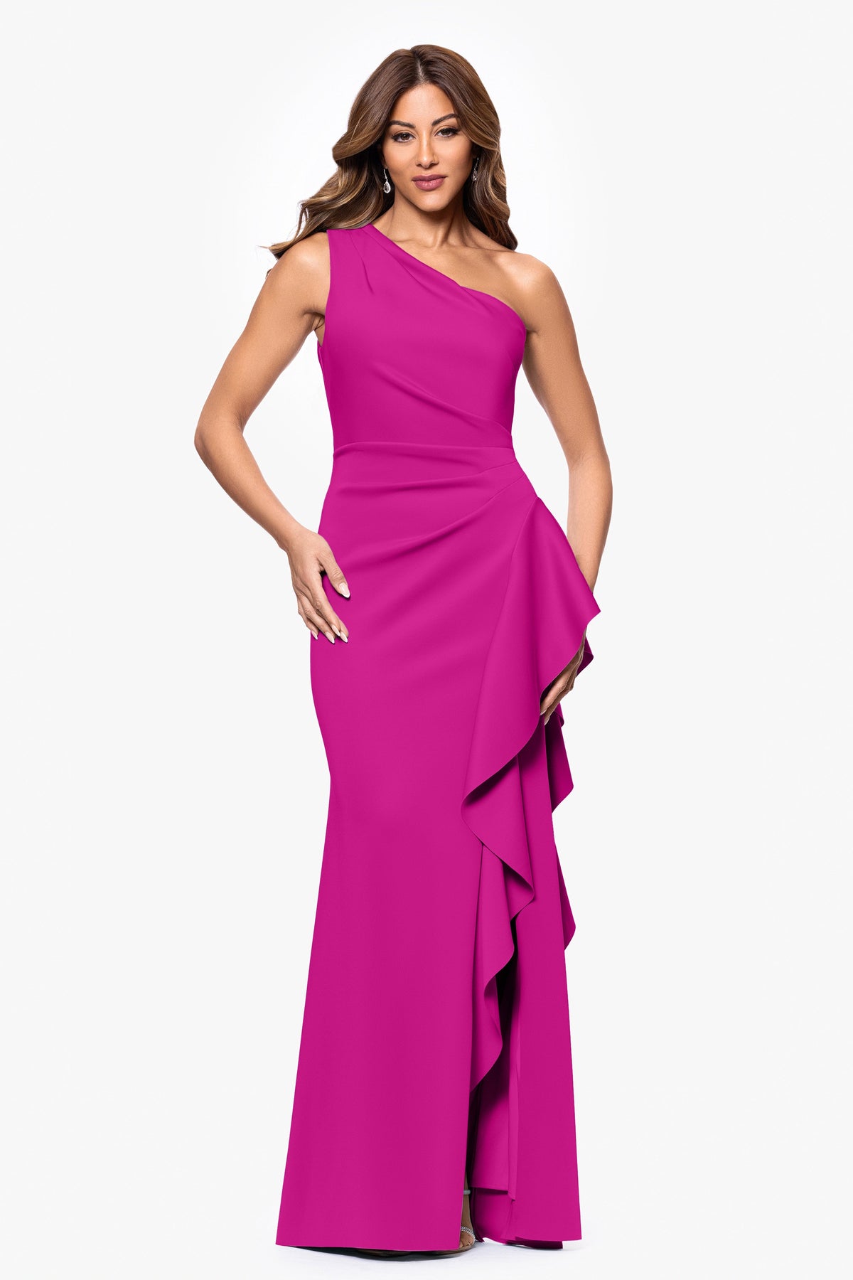 XSCAPE "Flo" Long Techno Scuba One Shoulder Ruffle Dress