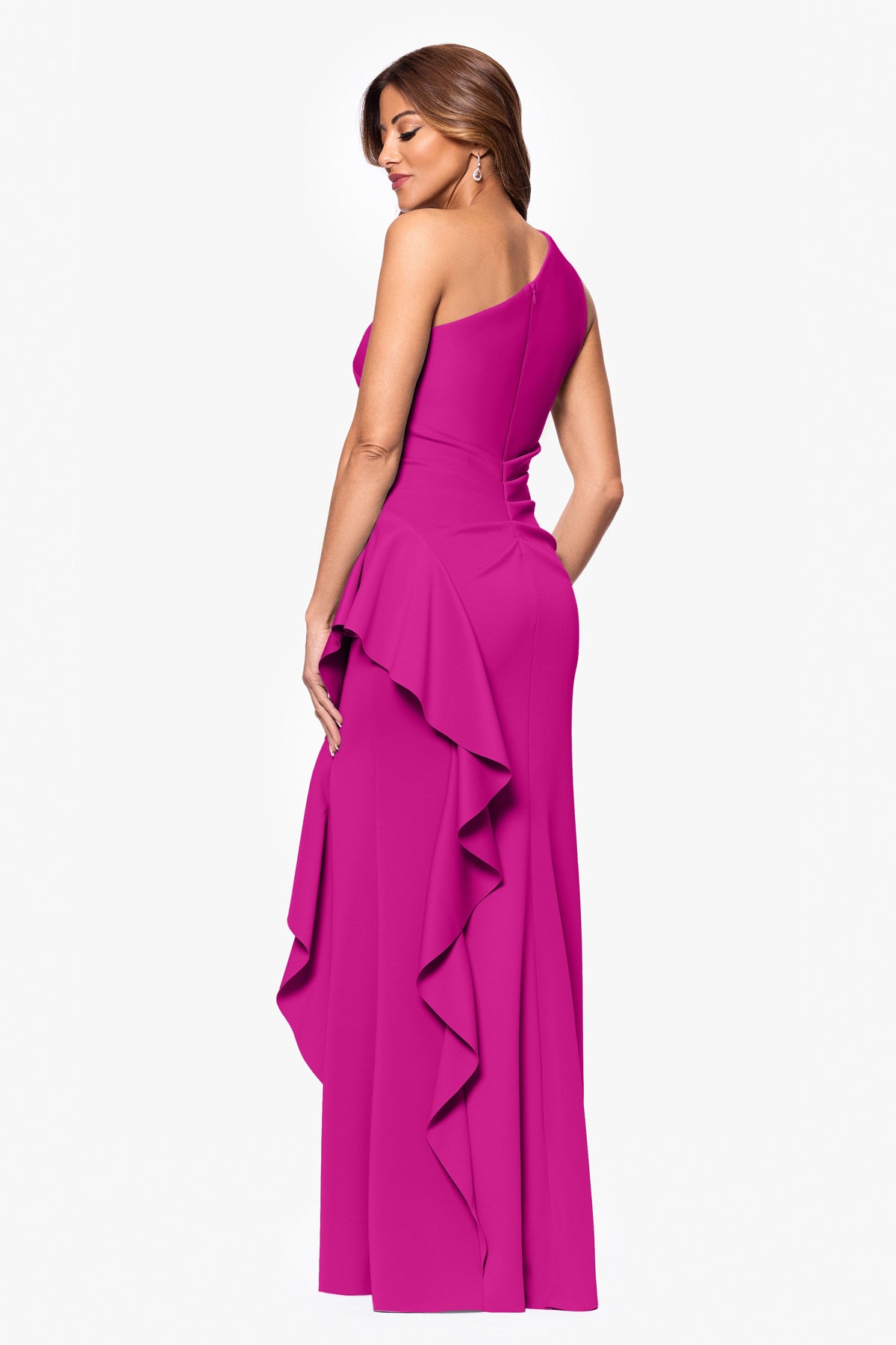 XSCAPE "Flo" Long Techno Scuba One Shoulder Ruffle Dress