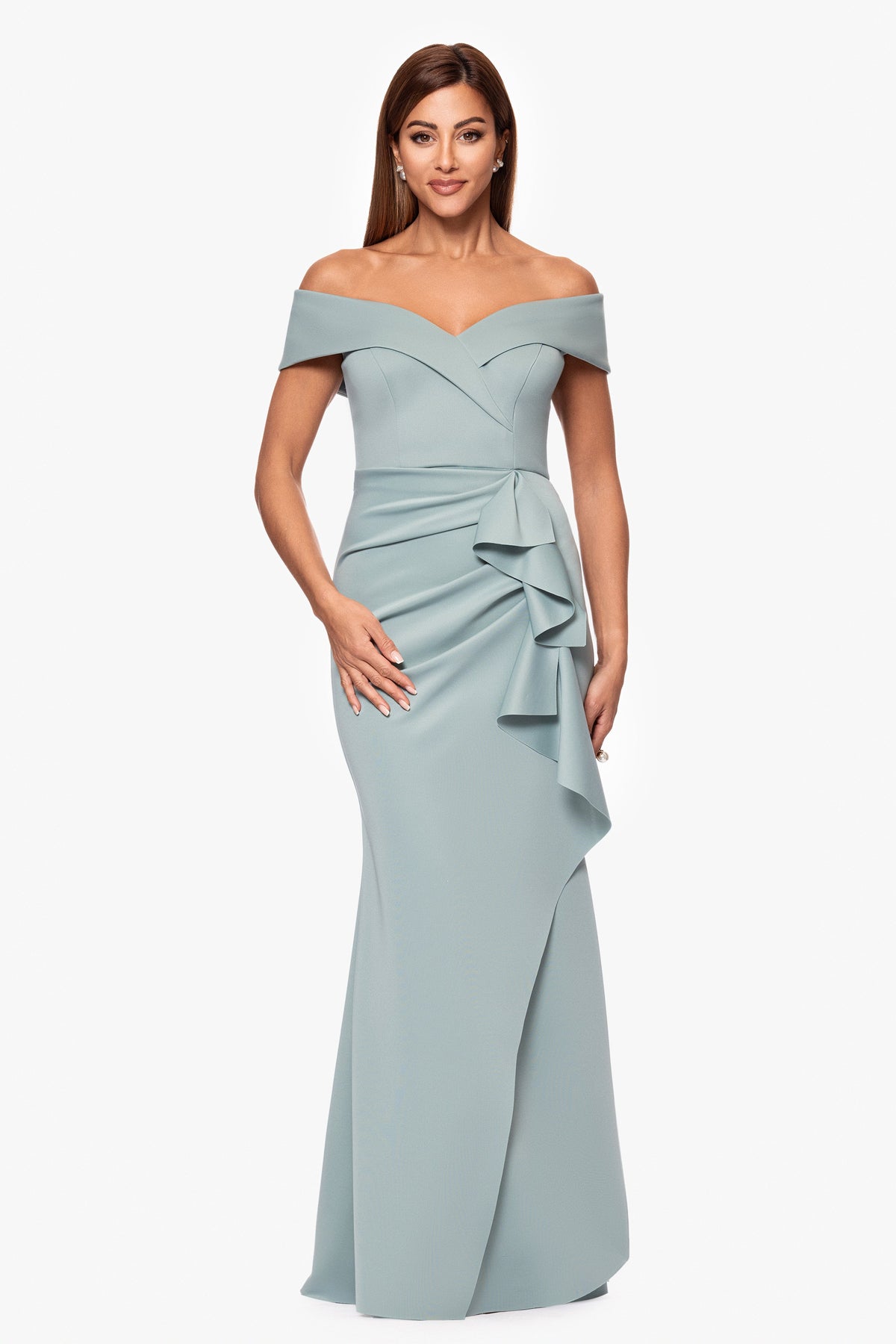 XSCAPE Petite "Patti" Techno Scuba Off The Shoulder Dress