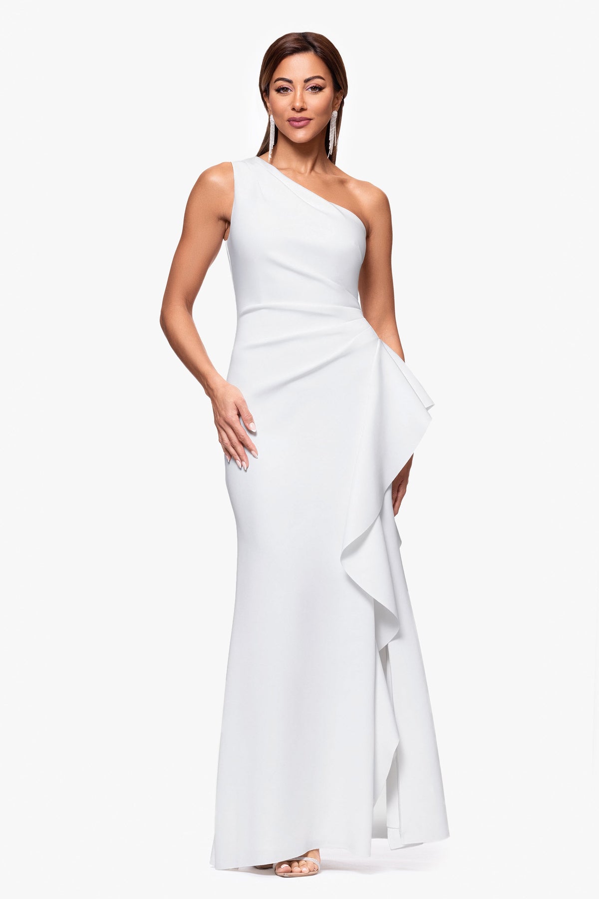 XSCAPE Petite "Flo" Long Techno Scuba One Shoulder Ruffle Dress