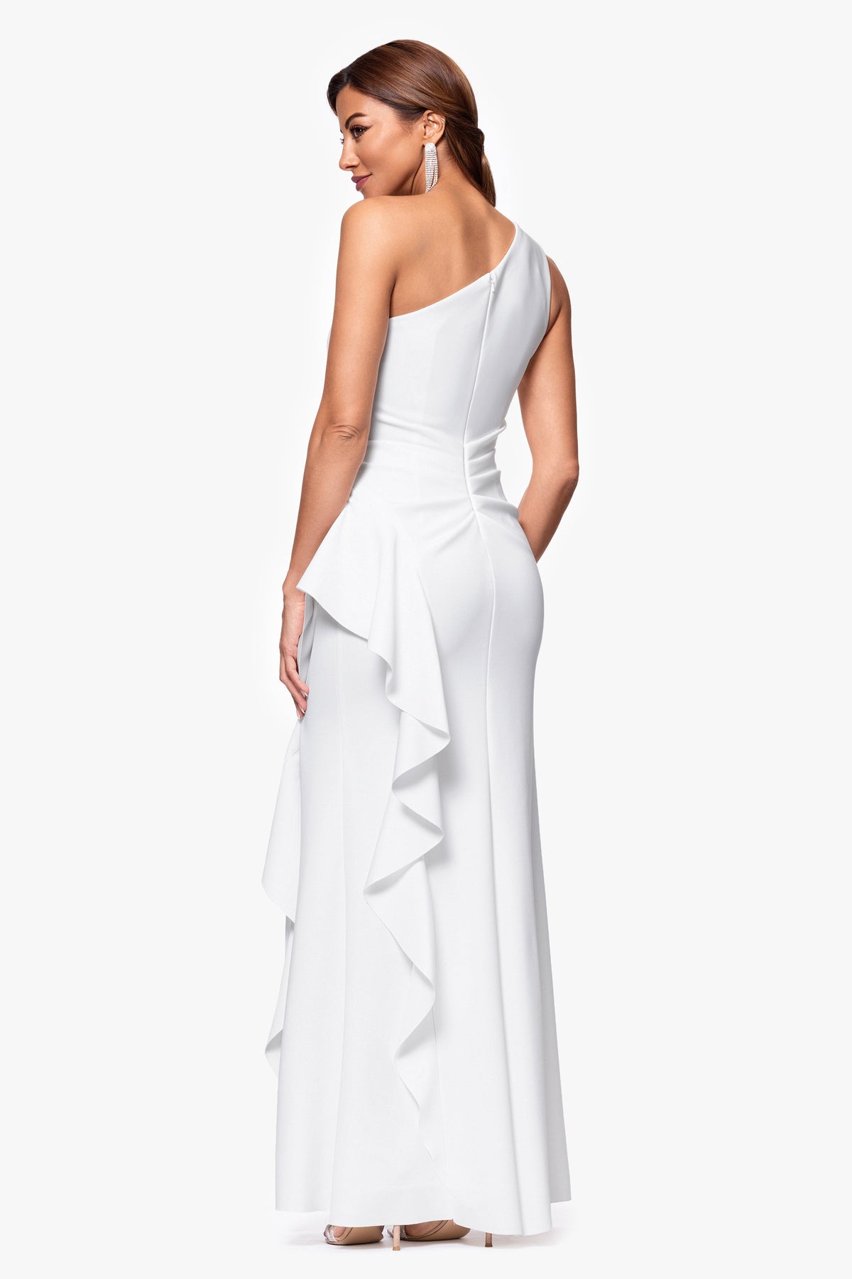XSCAPE Petite "Flo" Long Techno Scuba One Shoulder Ruffle Dress