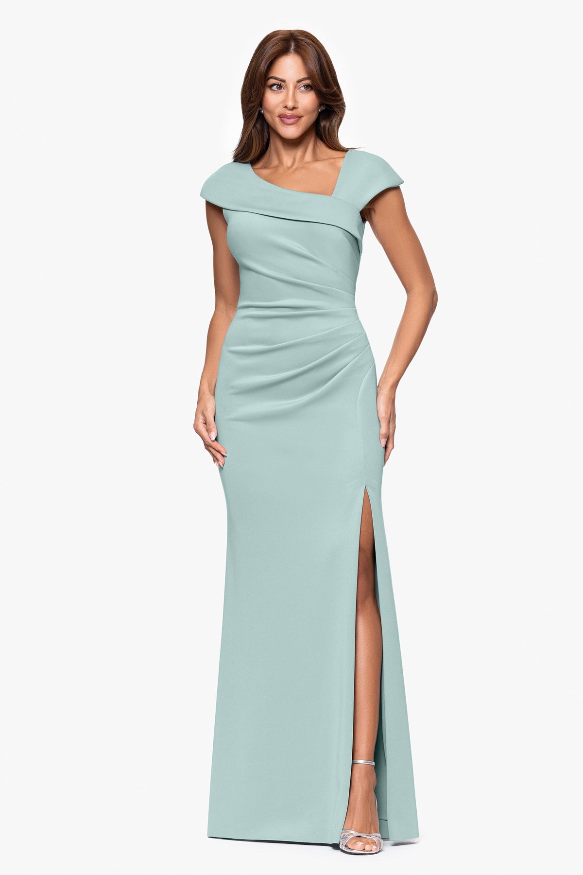 XSCAPE "Lenore" Techno Scuba Asymmetrical Neckline Dress