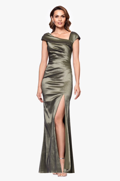 XSCAPE Petite "Paulina" Taffeta Short Sleeve Asymmetric Neckline Dress