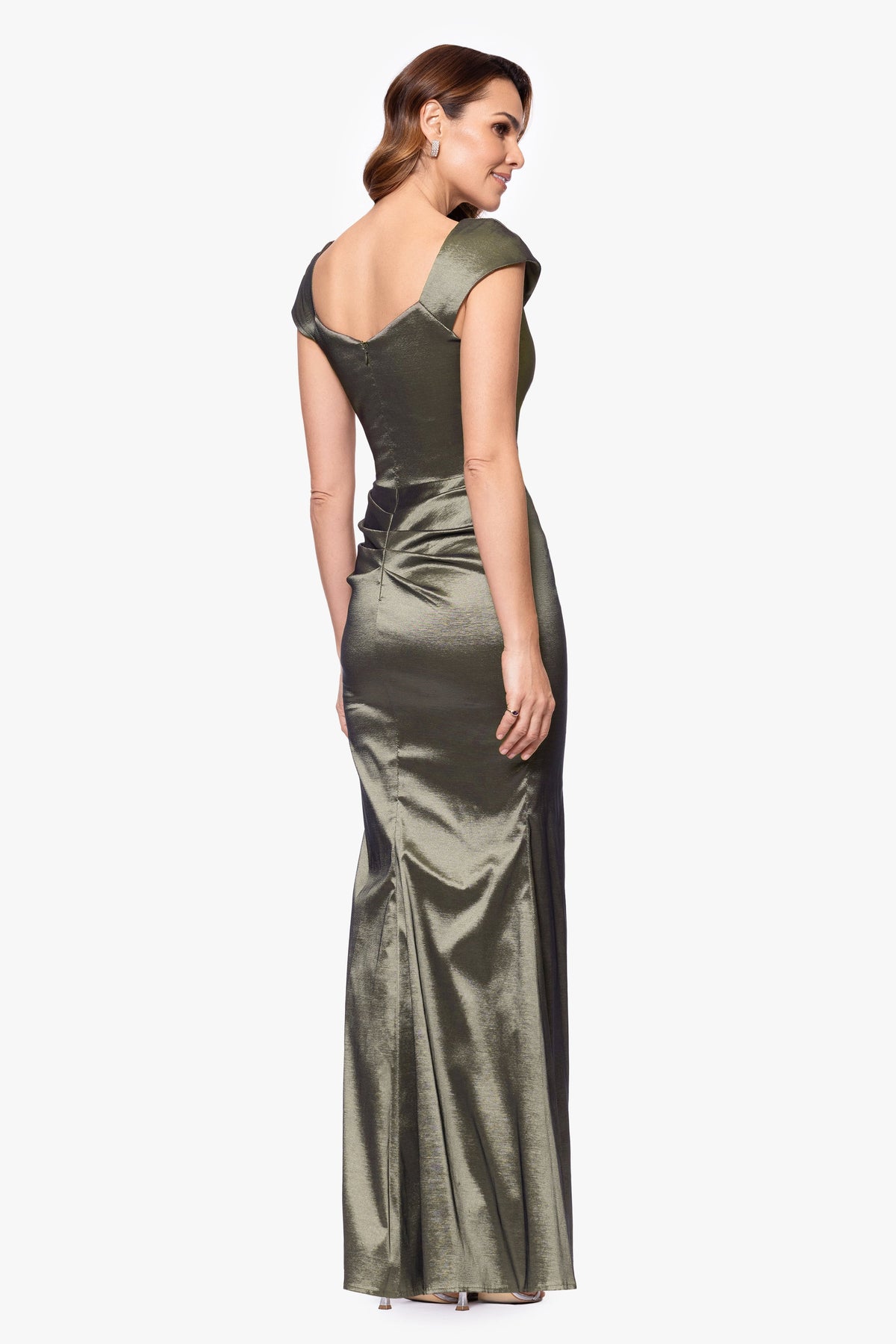 XSCAPE Petite "Paulina" Taffeta Short Sleeve Asymmetric Neckline Dress