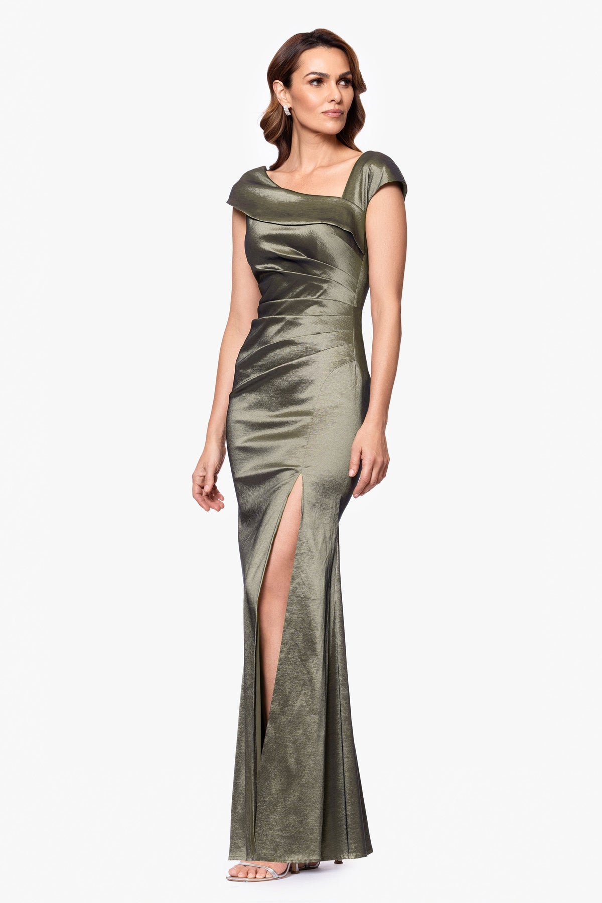XSCAPE Petite "Paulina" Taffeta Short Sleeve Asymmetric Neckline Dress