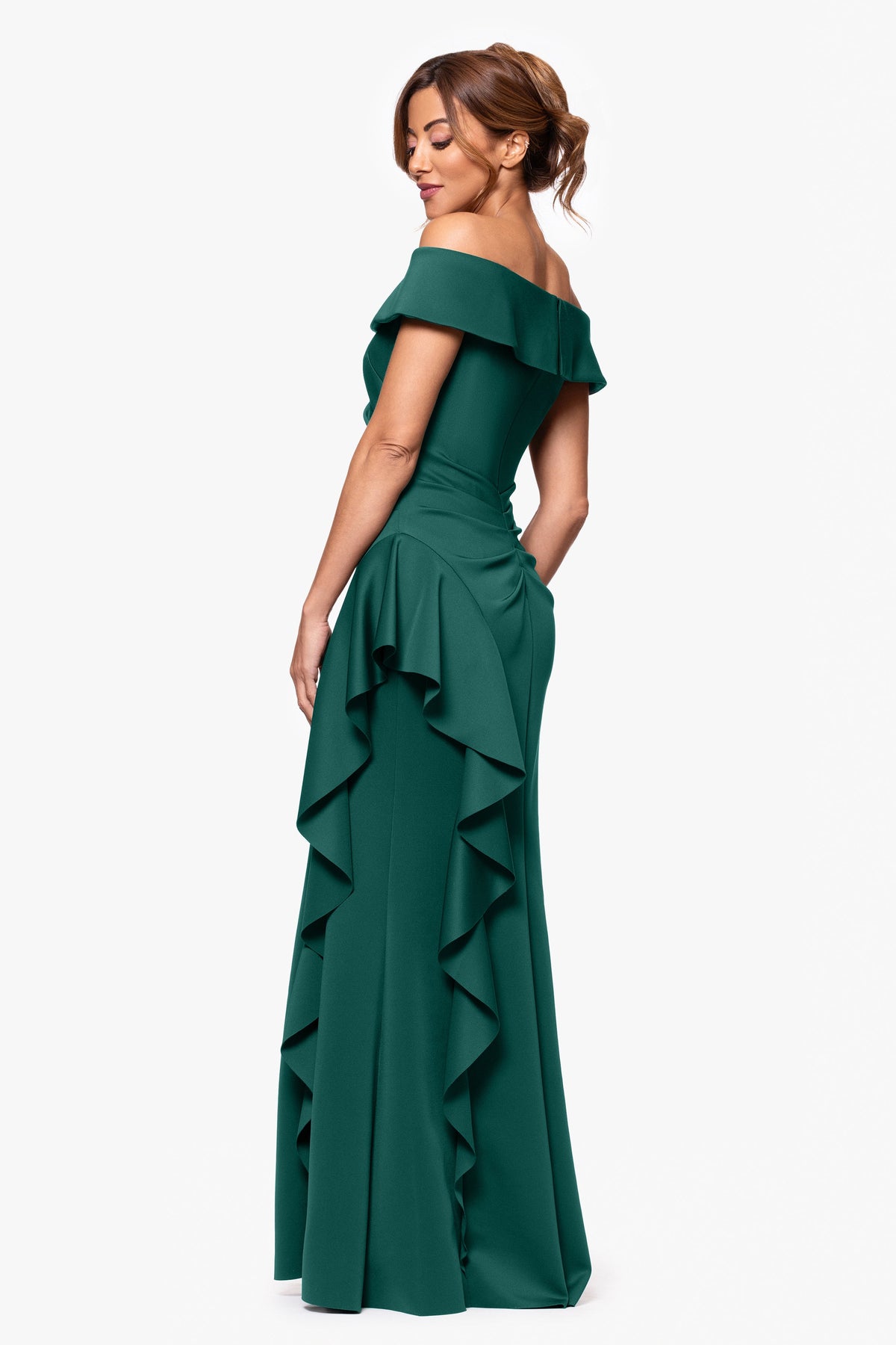 XSCAPE "Dolly" Techno Scuba Off the Shoulder Ruffle Dress