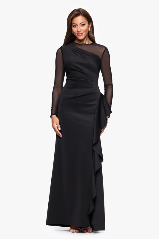 XSCAPE "Lyra" Techno Scuba Mesh Long Sleeve Dress