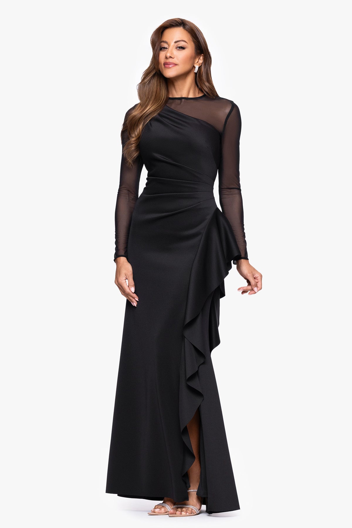XSCAPE "Lyra" Techno Scuba Mesh Long Sleeve Dress