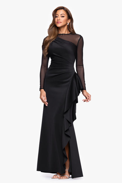 XSCAPE "Lyra" Techno Scuba Mesh Long Sleeve Dress