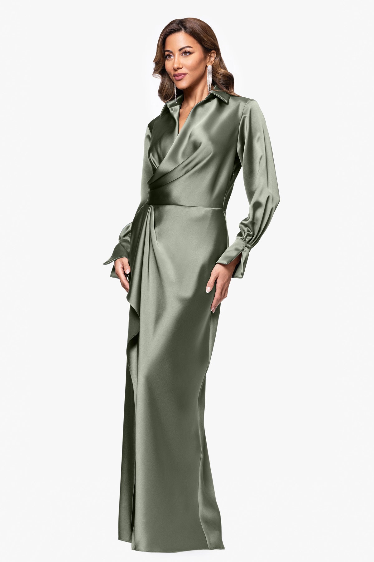 XSCAPE "Emery" Satin Long Sleeve Collared Dress