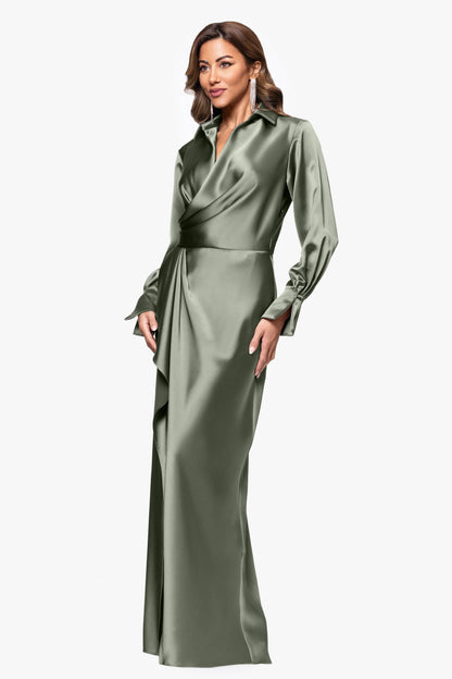 XSCAPE "Emery" Satin Long Sleeve Collared Dress