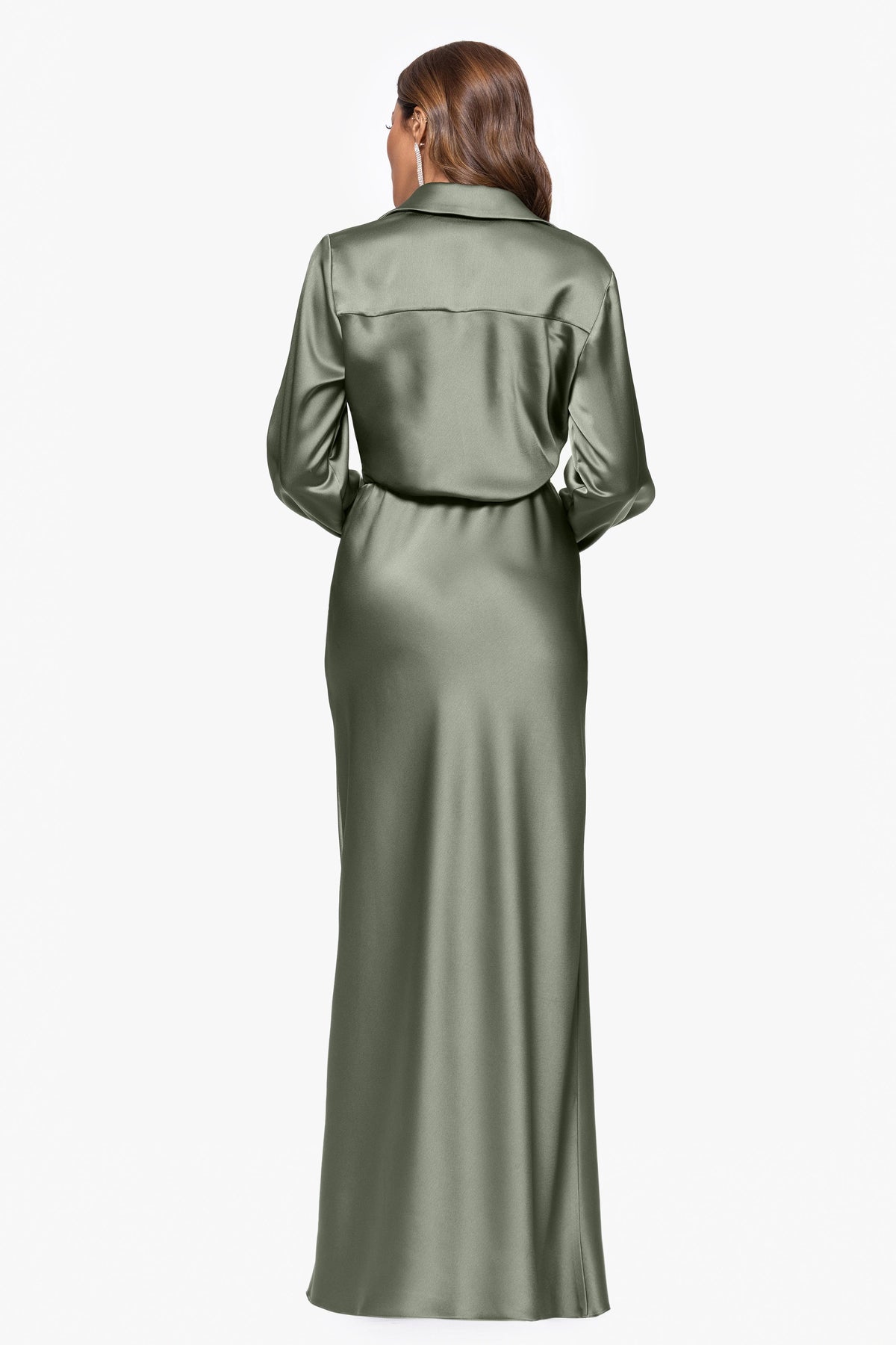 XSCAPE "Emery" Satin Long Sleeve Collared Dress