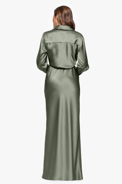 XSCAPE "Emery" Satin Long Sleeve Collared Dress