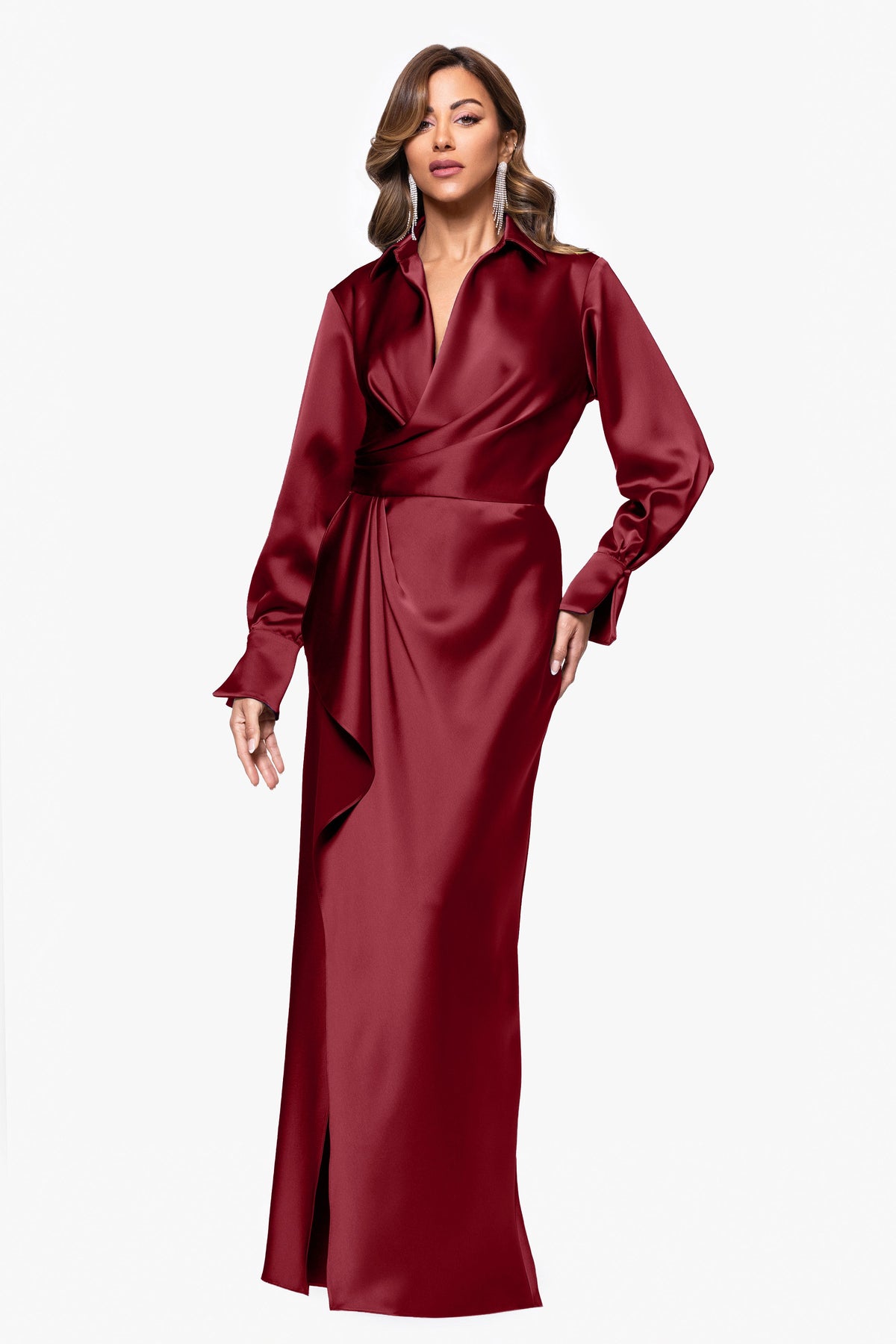 XSCAPE "Emery" Satin Long Sleeve Collared Dress