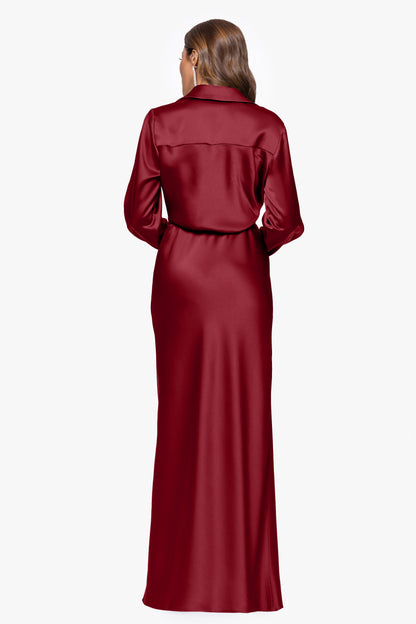 XSCAPE "Emery" Satin Long Sleeve Collared Dress