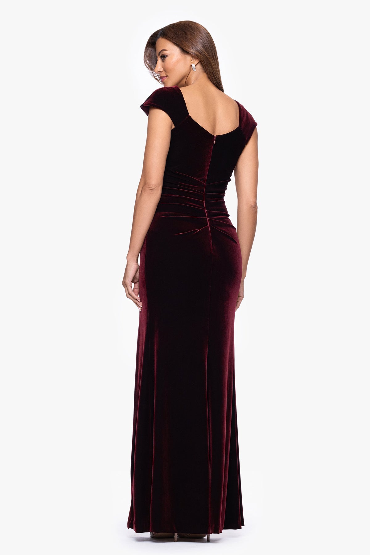 XSCAPE "Katrina" Velvet Asymmetrical Neckline Cap Sleeve Dress