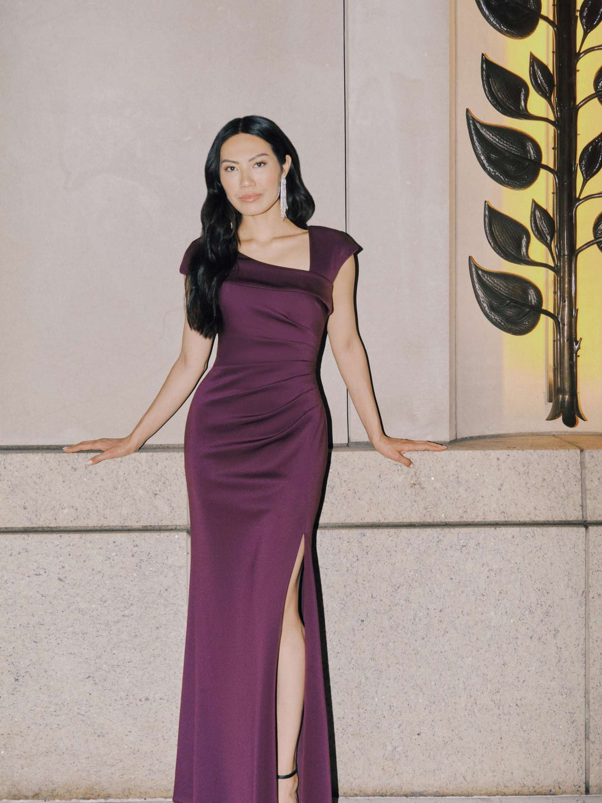 XSCAPE Petite "Lenore" Techno Scuba Asymmetrical Neckline Dress