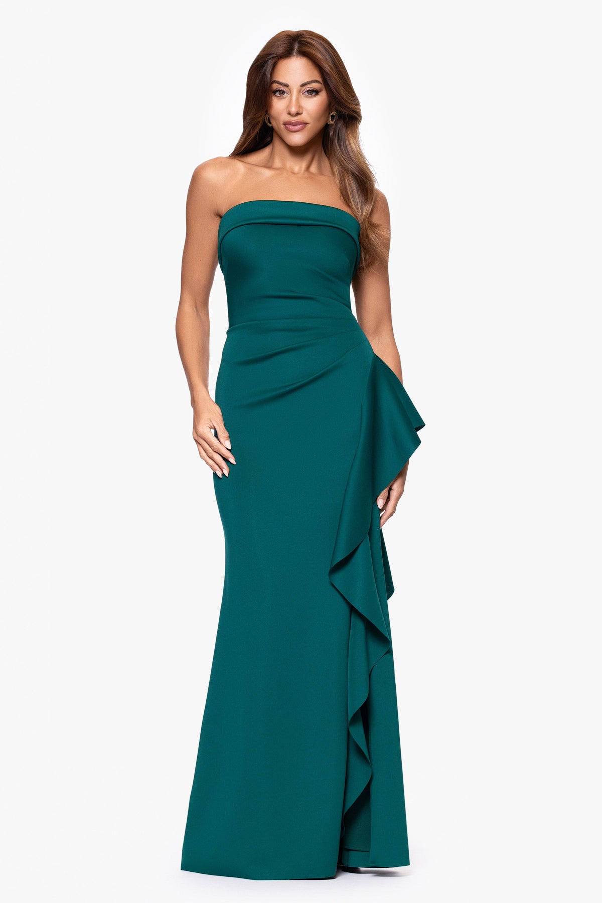 XSCAPE "Jacqueline" Techno Scuba Strapless Ruffle Dress