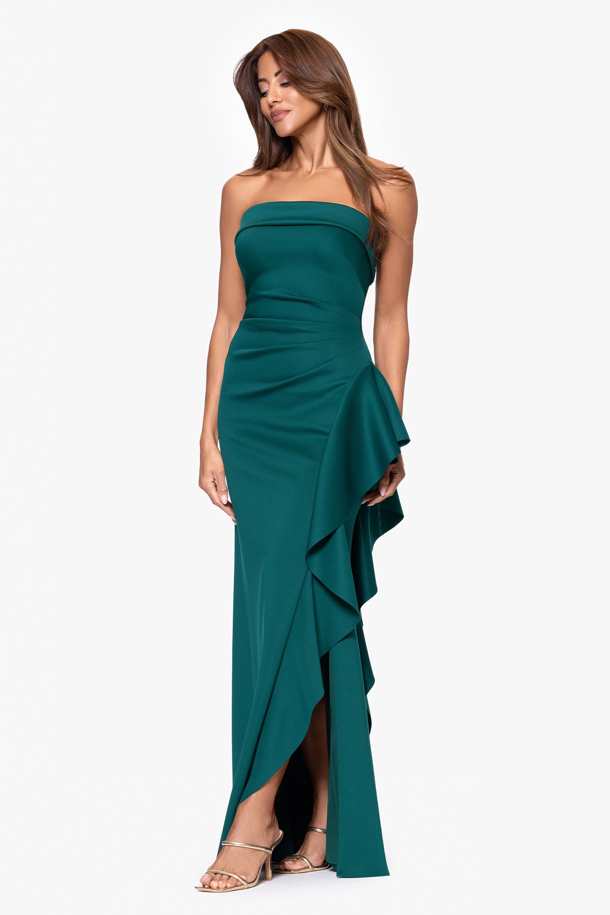 XSCAPE "Jacqueline" Techno Scuba Strapless Ruffle Dress