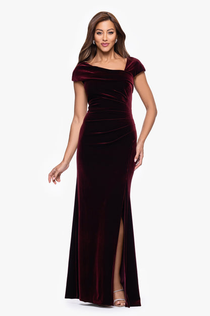 XSCAPE Petite "Katrina" Velvet Asymmetrical Neckline Cap Sleeve Dress