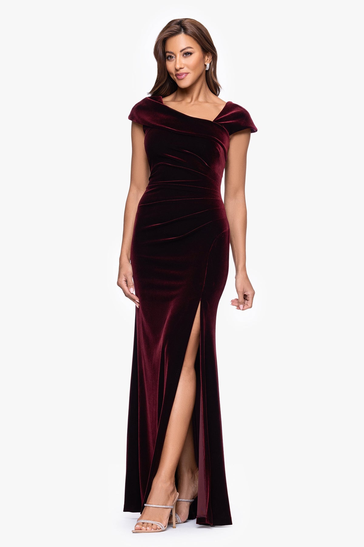 XSCAPE Petite "Katrina" Velvet Asymmetrical Neckline Cap Sleeve Dress