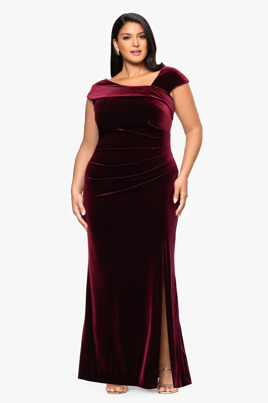XSCAPE Plus "Katrina" Velvet Asymmetrical Neckline Cap Sleeve Dress