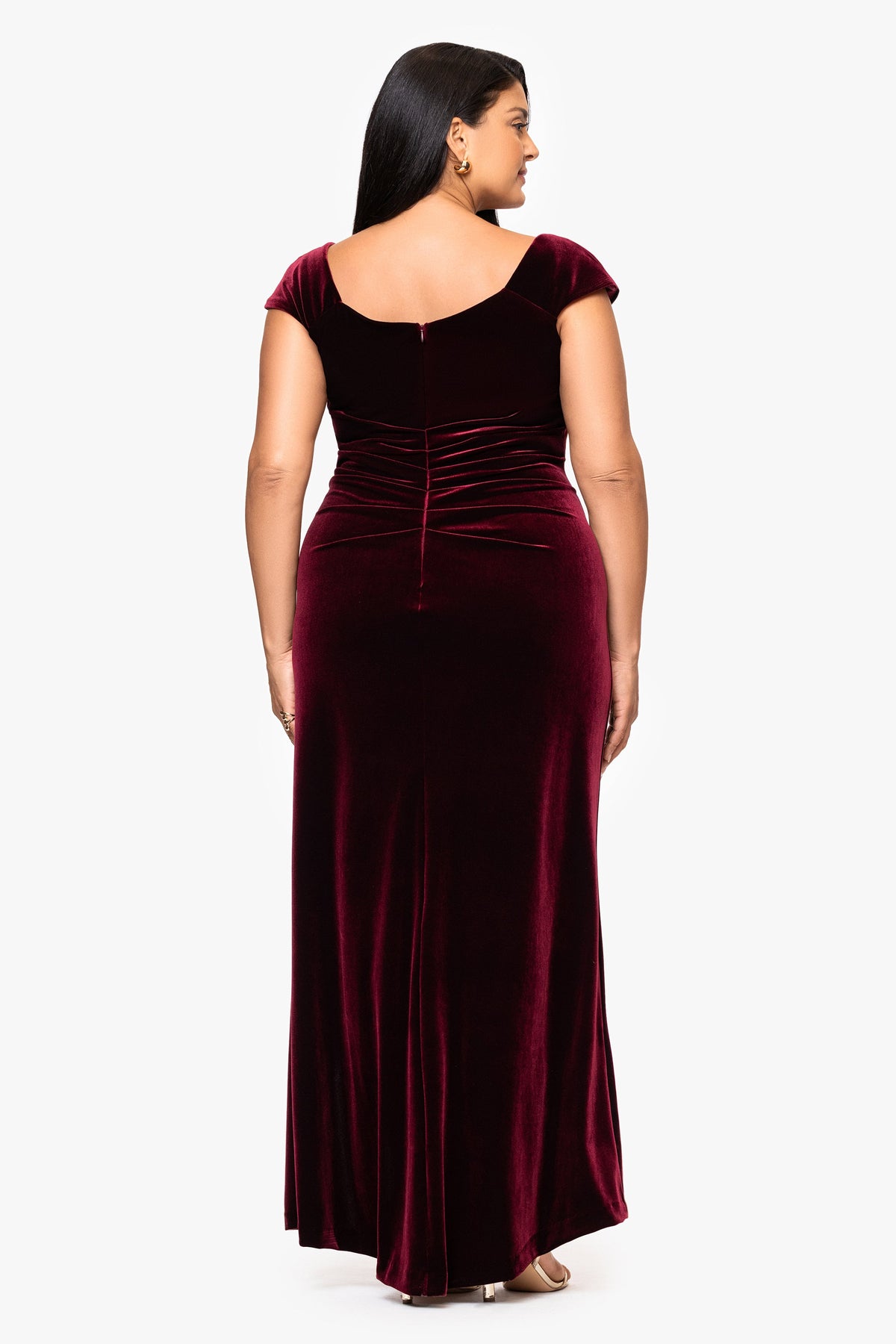 XSCAPE Plus "Katrina" Velvet Asymmetrical Neckline Cap Sleeve Dress