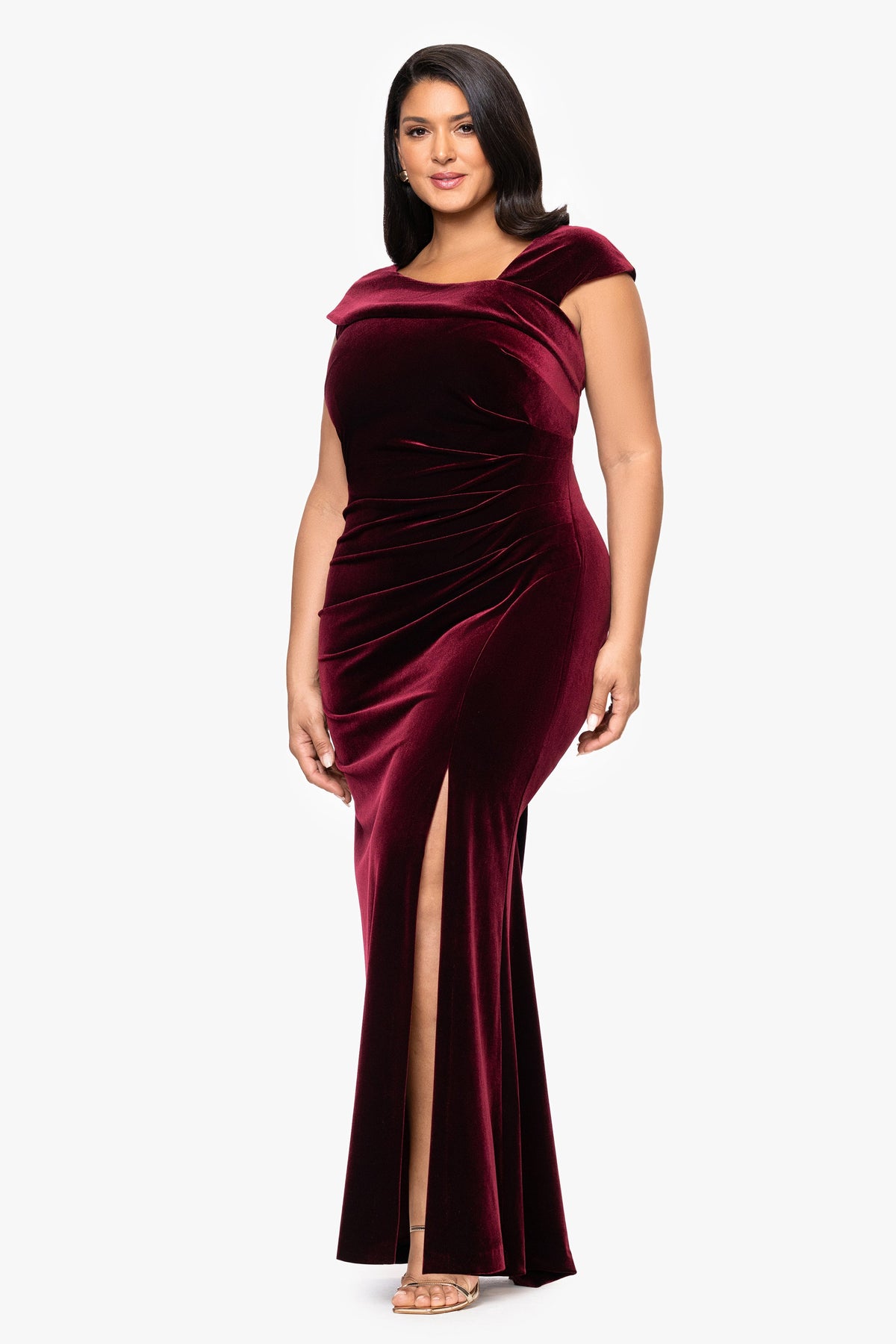 XSCAPE Plus "Katrina" Velvet Asymmetrical Neckline Cap Sleeve Dress