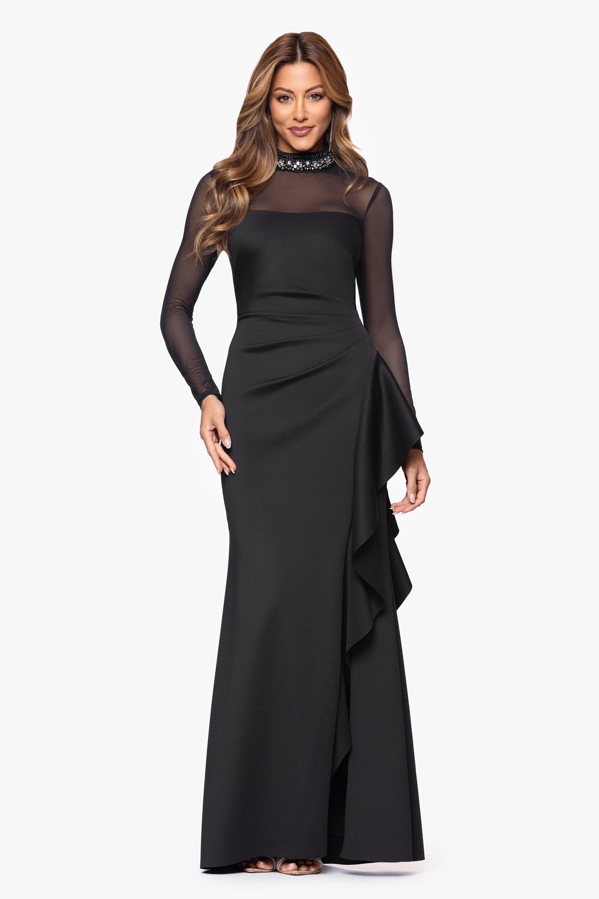 XSCAPE "Maxina" Techno Scuba and Mesh Long Sleeves Dress