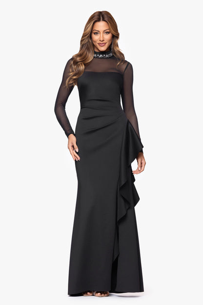XSCAPE "Maxina" Techno Scuba and Mesh Long Sleeves Dress
