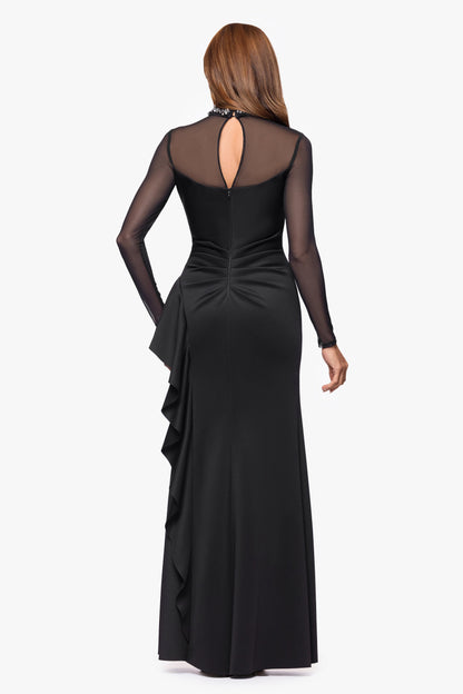 XSCAPE "Maxina" Techno Scuba and Mesh Long Sleeves Dress