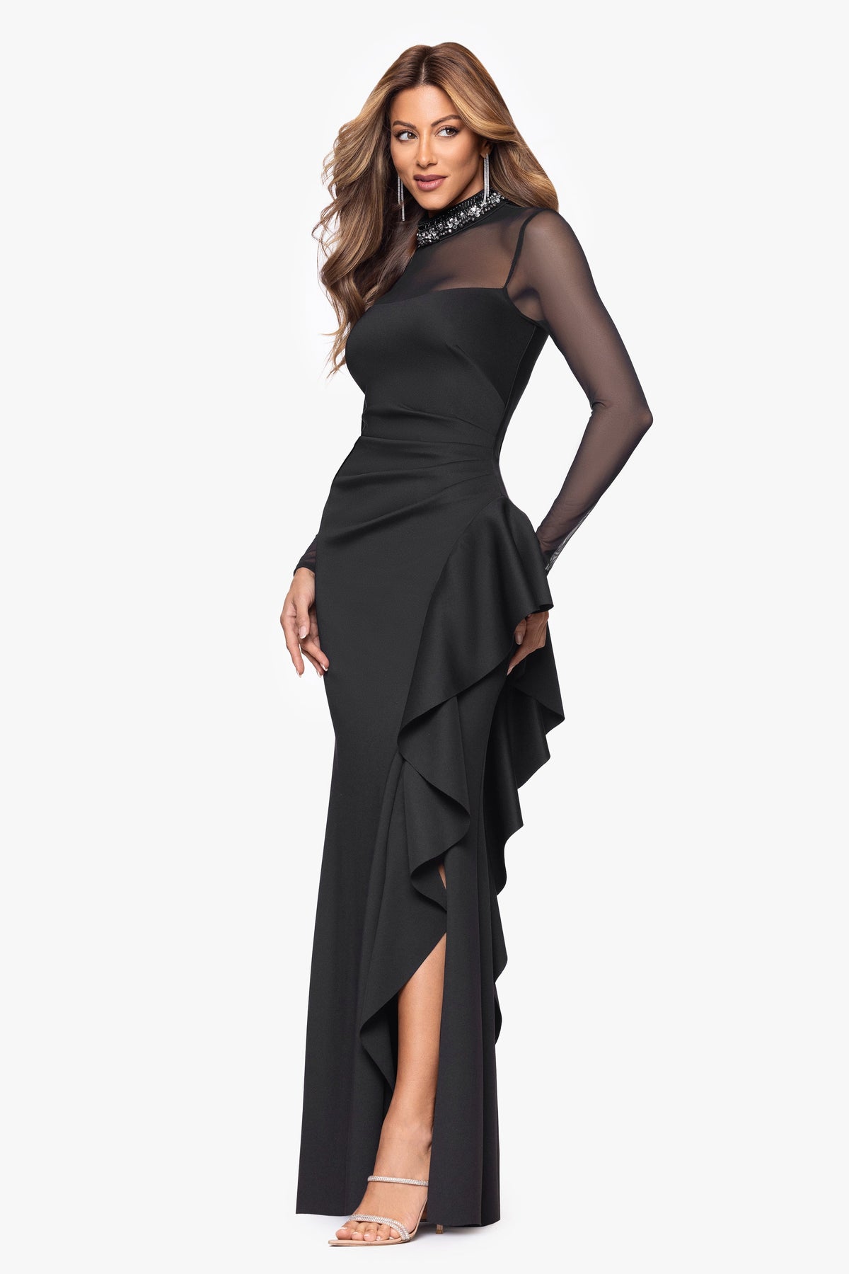 XSCAPE "Maxina" Techno Scuba and Mesh Long Sleeves Dress