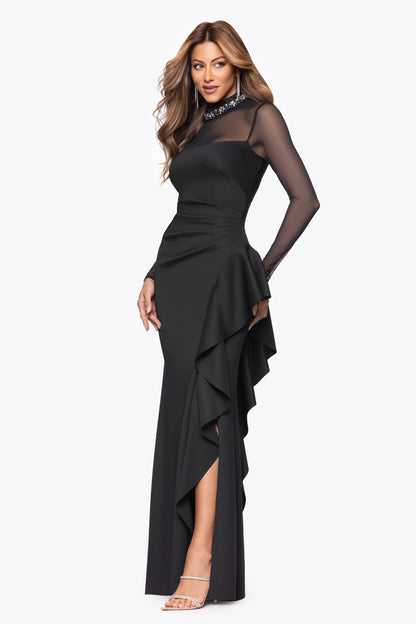 XSCAPE "Maxina" Techno Scuba and Mesh Long Sleeves Dress