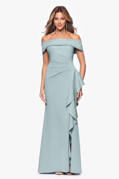 XSCAPE "Dolly" Techno Scuba Off the Shoulder Ruffle Dress
