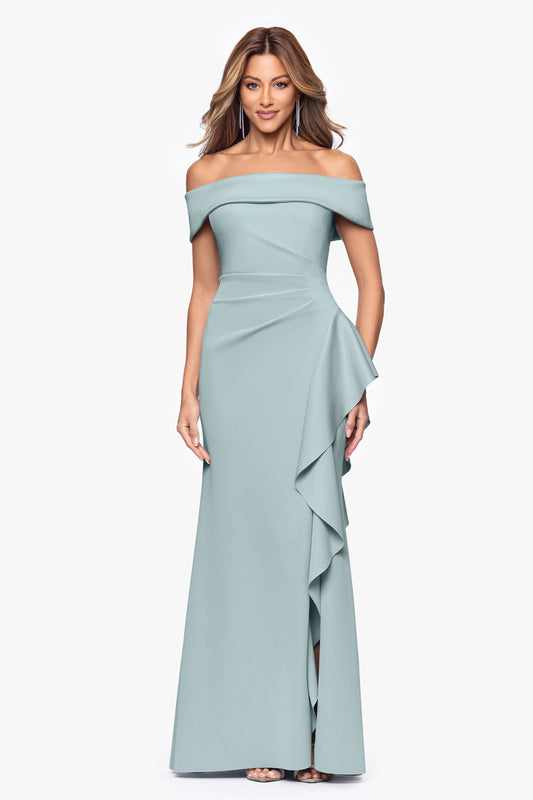 XSCAPE "Dolly" Techno Scuba Off the Shoulder Ruffle Dress