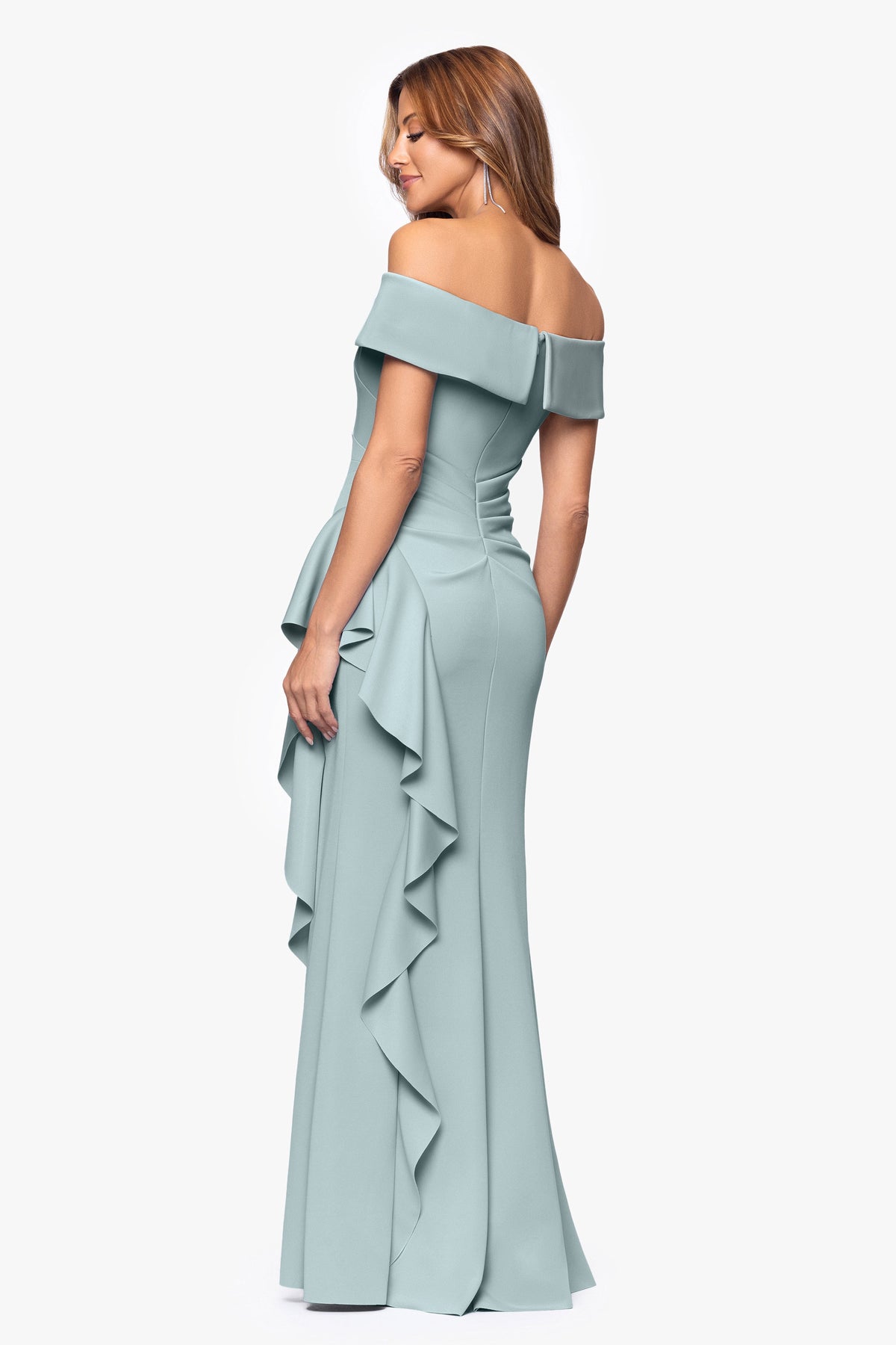XSCAPE "Dolly" Techno Scuba Off the Shoulder Ruffle Dress