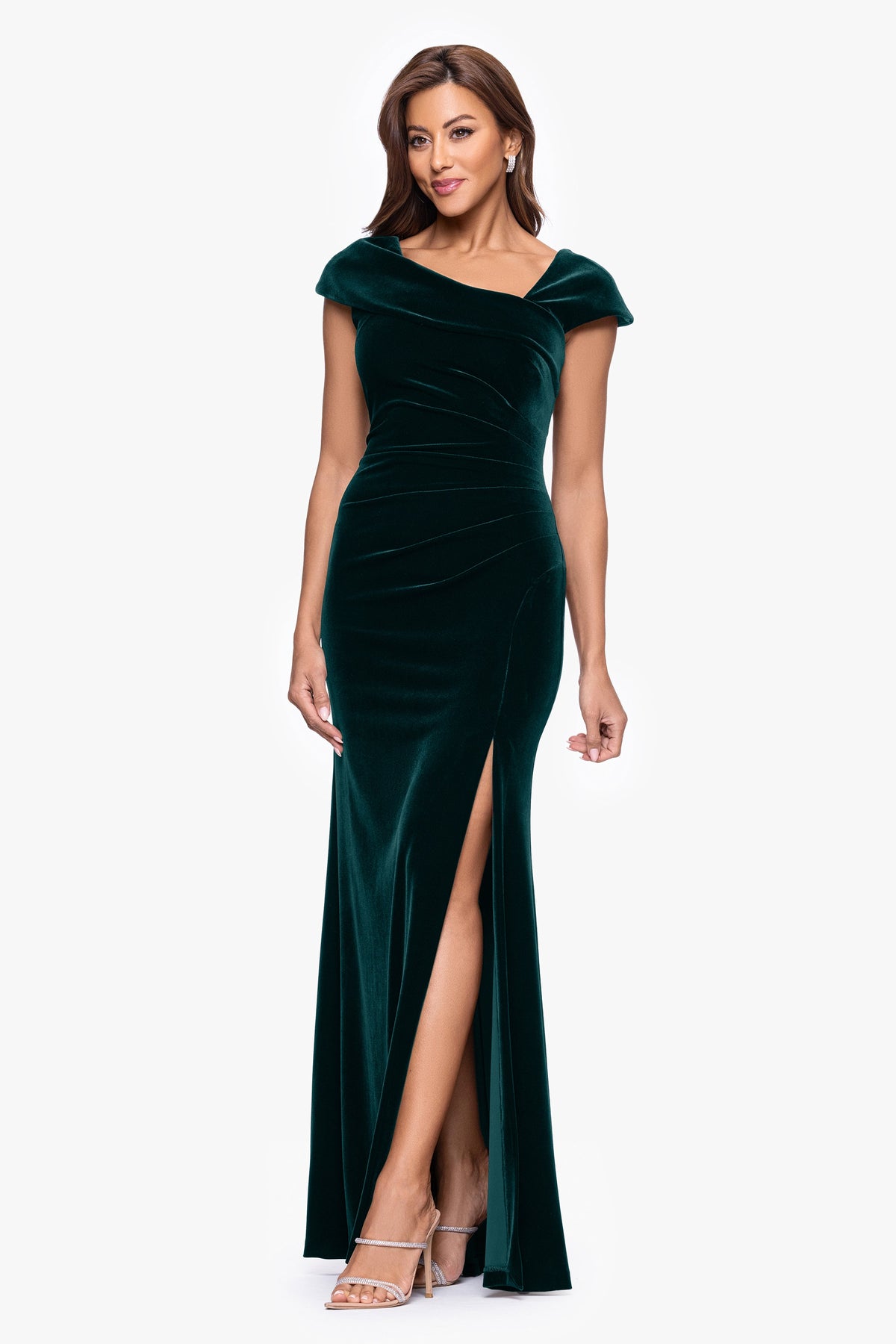 XSCAPE "Katrina" Velvet Asymmetrical Neckline Cap Sleeve Dress