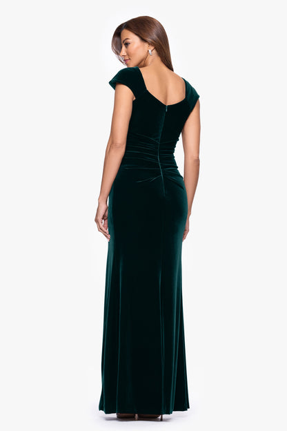 XSCAPE "Katrina" Velvet Asymmetrical Neckline Cap Sleeve Dress