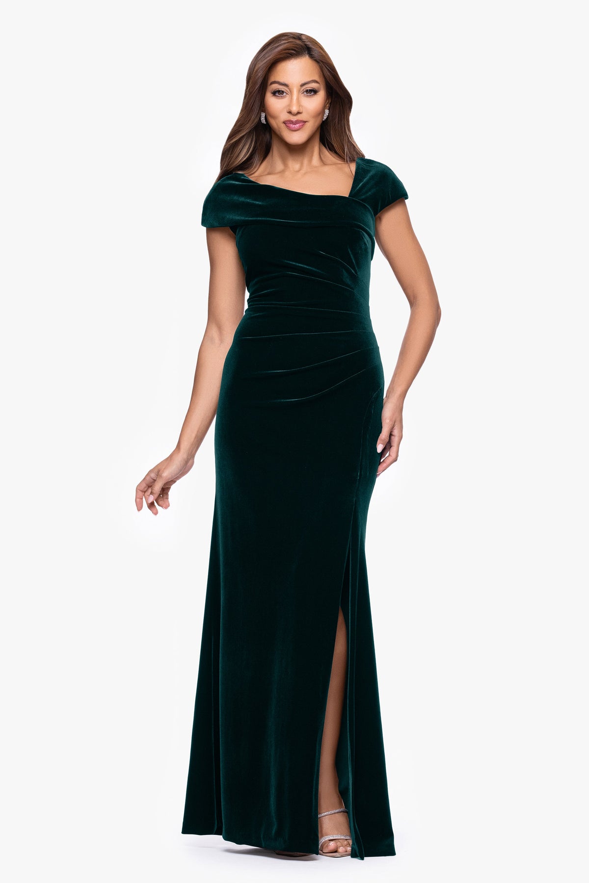 XSCAPE "Katrina" Velvet Asymmetrical Neckline Cap Sleeve Dress