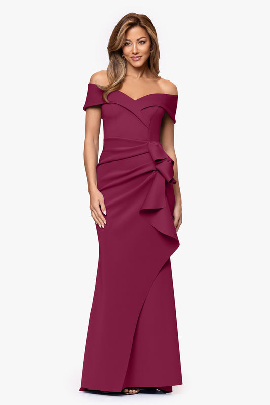 XSCAPE "Patti" Long Off the Shoulder Techno Scuba Dress
